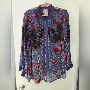 Johnny Was Clara Burnout Leda Button Down Top Floral Navy Black Velvet Shirt 1X